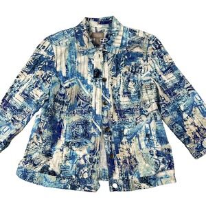 CHICO'S Size 2 (L) Jacket Stretch 3/4 Sleeve Light Weight Blue Khaki Full Button